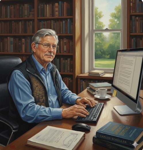 Retrato de Carlos Schüller em seu escritório, cercado de livros